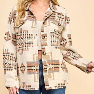 Veveret Western Tribal Print Beige Button Up Jacket Coat Size Medium Boho Hippie